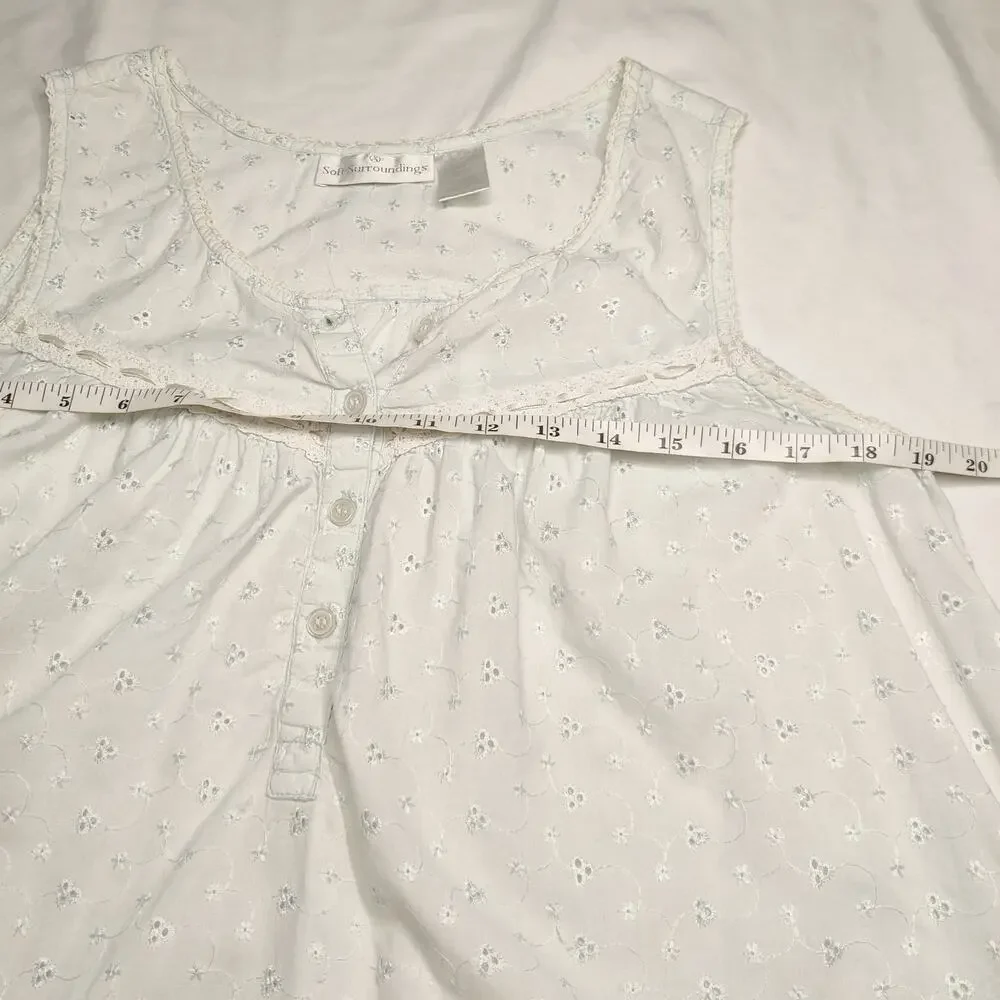 Vtg Soft Surroundings Baby Blue Eyelet Floral Embroidered Cotton Nightgown Small